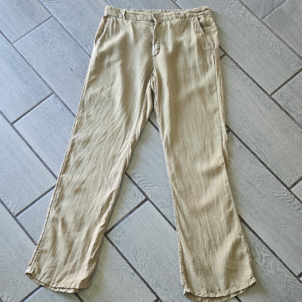 Zara Man Tan Khaki Linen Blend Elastic Waist Straight Leg Pants Size S